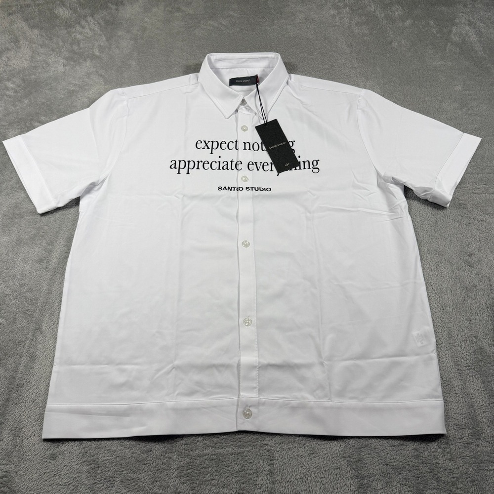 Santo Studio Appreciate Button-Up Shirt Mens Large White Short Sleeve Arman NWT